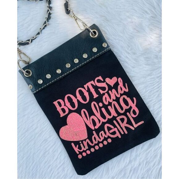 NWOT PG Collection Black Canvas/Leather “Boots And Bling” Crossbody Cell Phone P - Picture 1 of 8